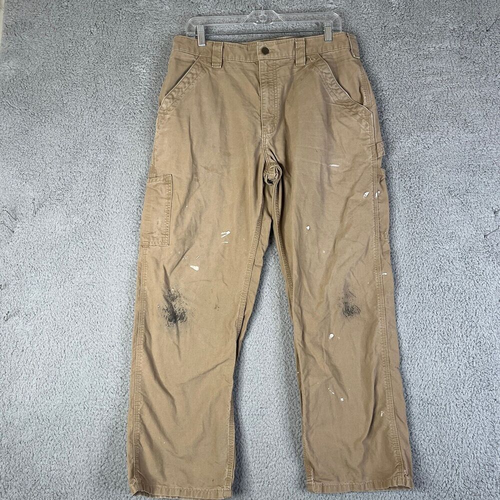 CARHARTT Carpenter Pants Mens 34x30 Khaki Loose Original Canvas Paint Stained